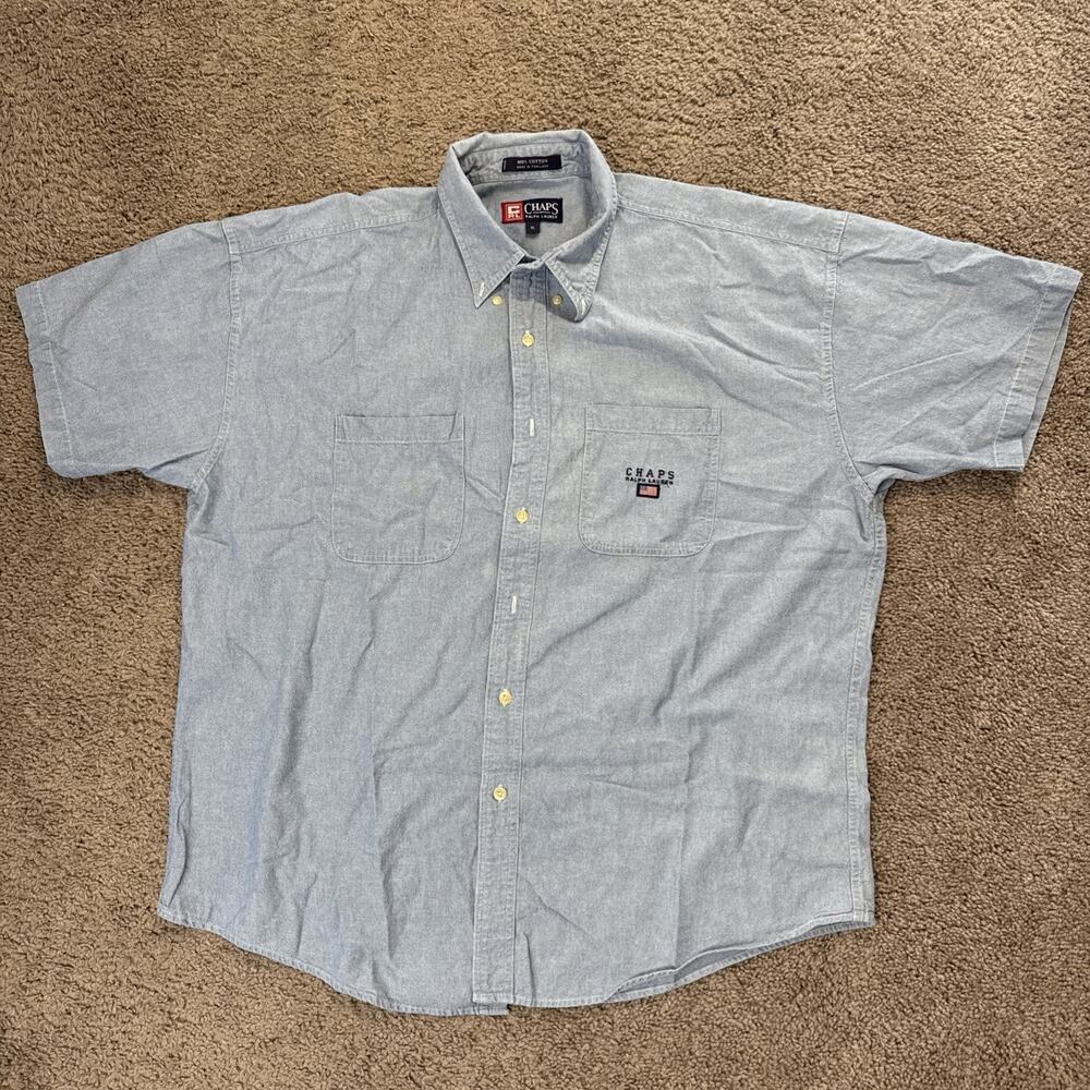 Vintage Chaps Ralph Lauren Chambray Shirt Size Large Blue Denim Light 90s Cotton